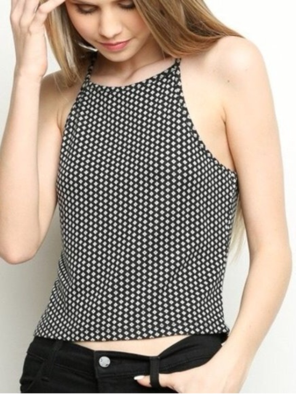 Brandy Melville Black & White Printed Halter Crop Top